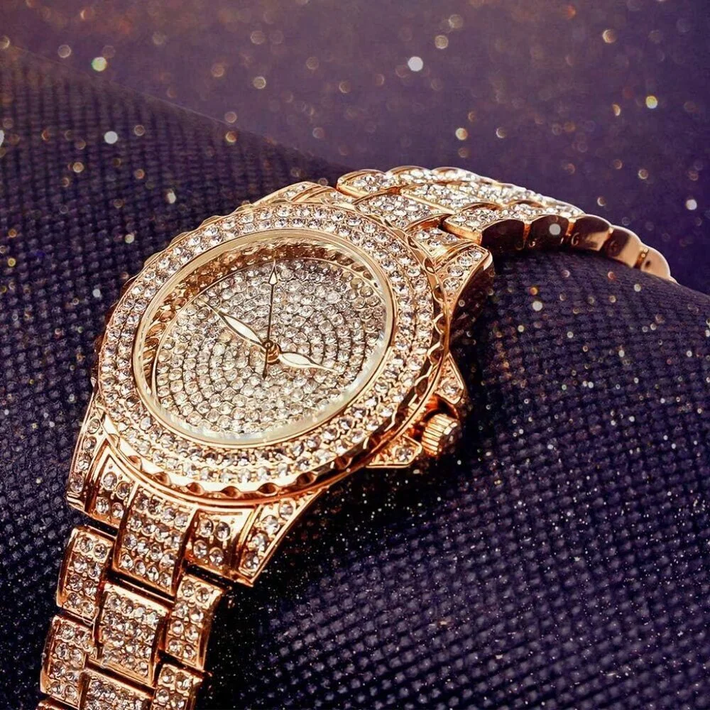 Women's Gold Crystal Rhinestone Diamond Stainless Steel Iced Out Wristwatch